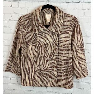 CHICO'S brown beige animal print knit 3/4 sleeve unlined jacket cardigan 1 8 M